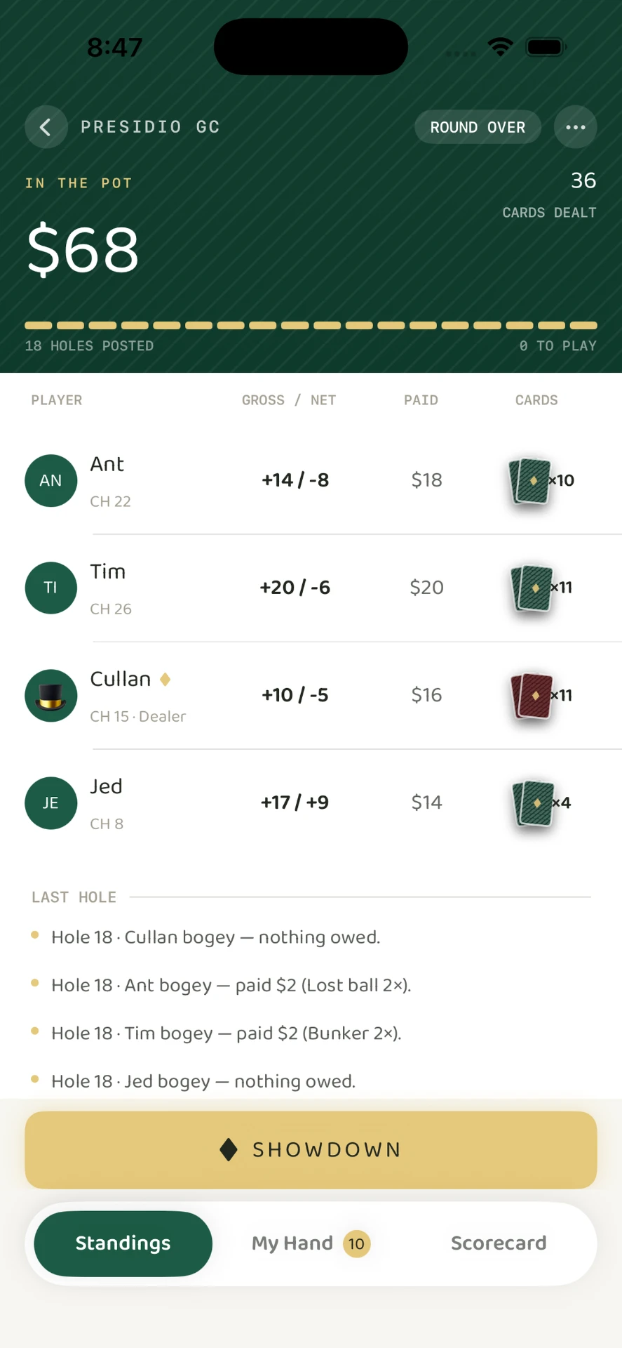 Poker Golf app — Standings
